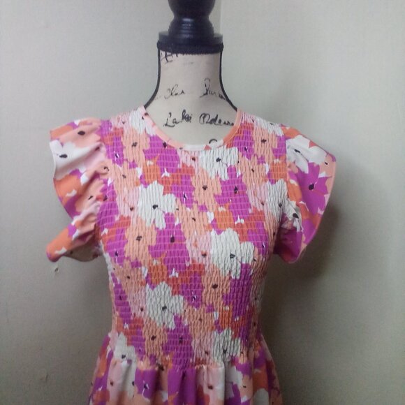 Michelle McDowell Dress Women M ? Short Ruffle Sleeve Smocked Floral Pink Orange - Picture 3 of 16
